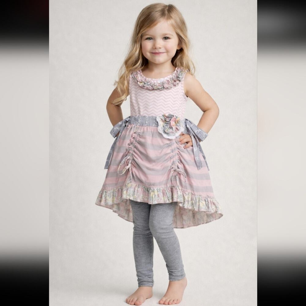 Mustard Pie Pink & Gray Ruffle Dress Adjustable Front Sz 5 #1875